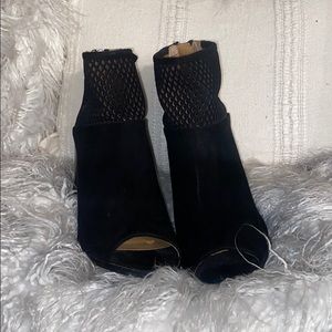 Suede peep toe booties with intricate upper ankle